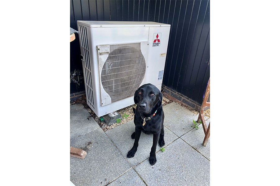 A black dog sat in front of an air source heat pump