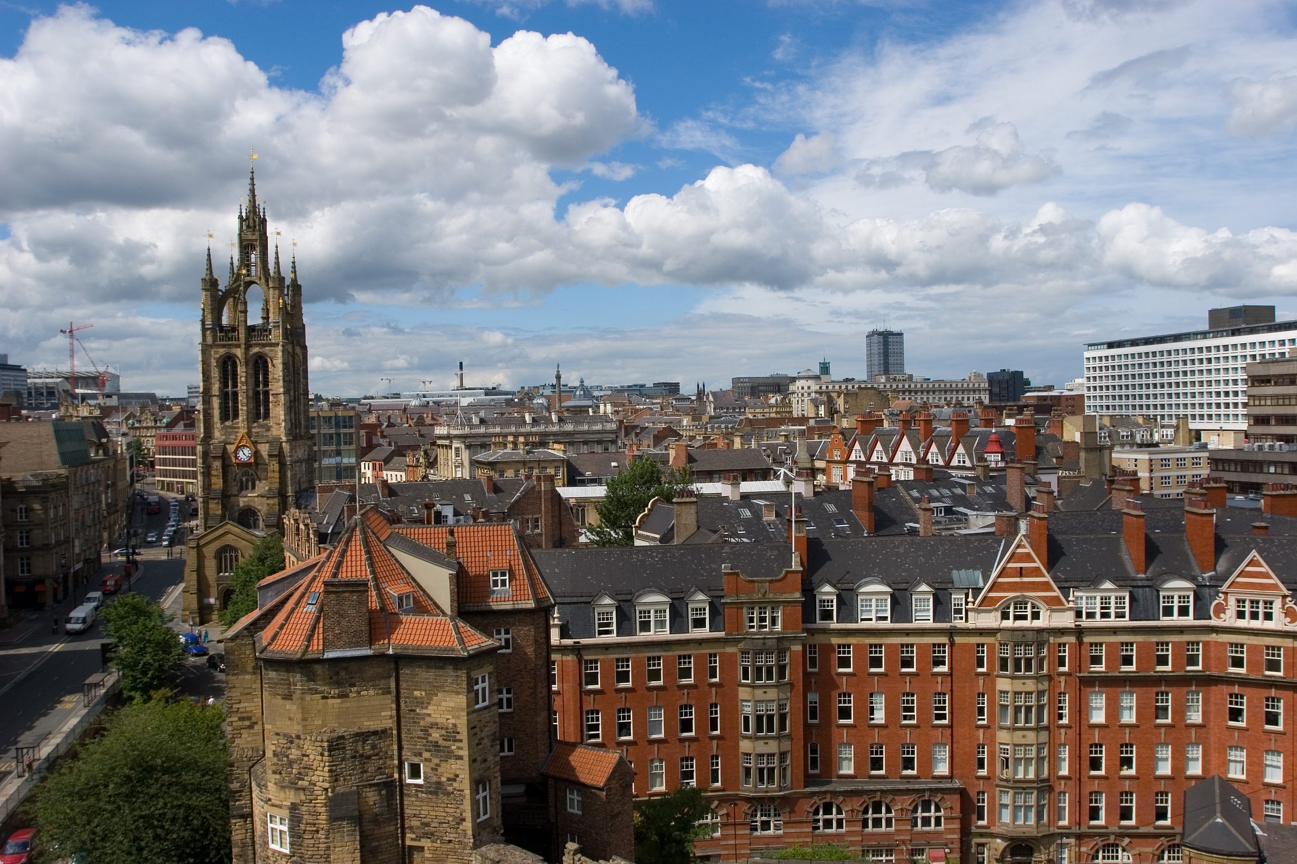 Shot from high up you can see the skyline of Newcastle, England