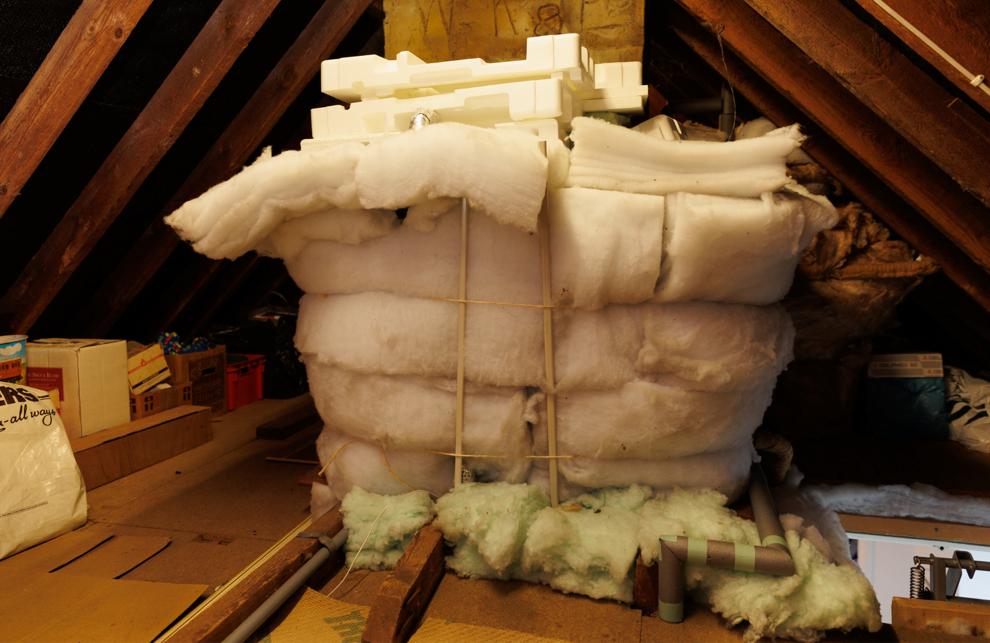 An self-build insulated water tank in an attic.