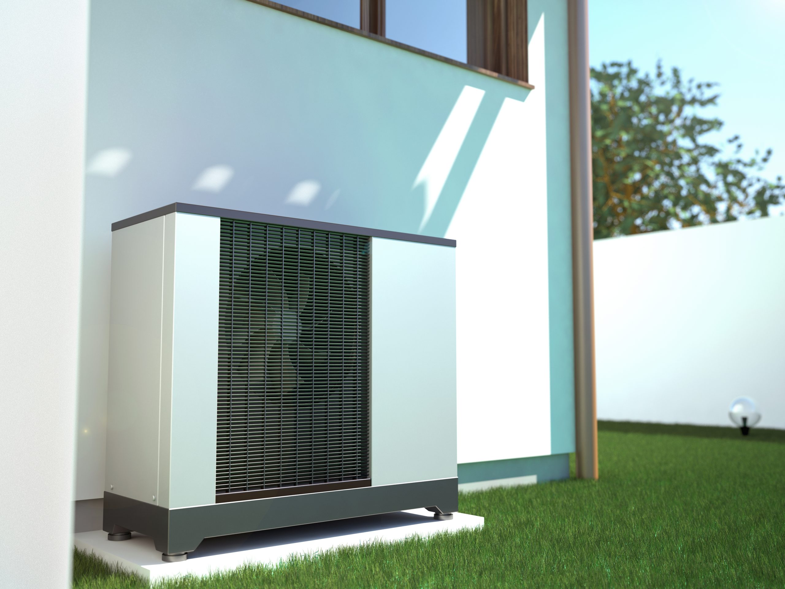 A 3D illustration of a heat pump outside a home.