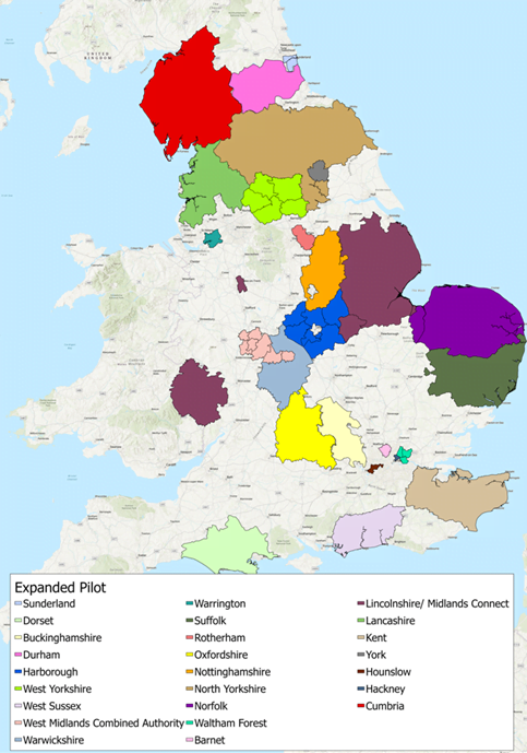 Map showing areas covered by expanded LEVI pilot