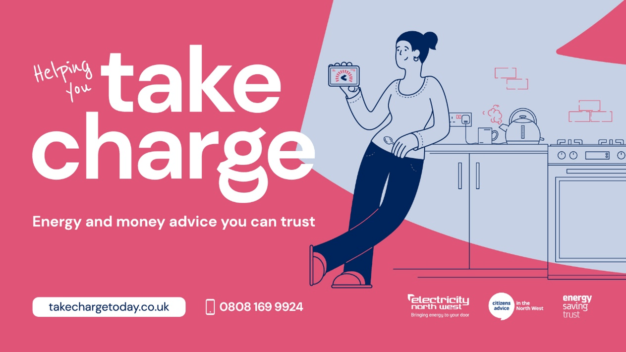 An illustration of a woman holding a smart meter in a kitchen. The text on the image reads: Helping you Take Charge: Energy and money advice you can trust".