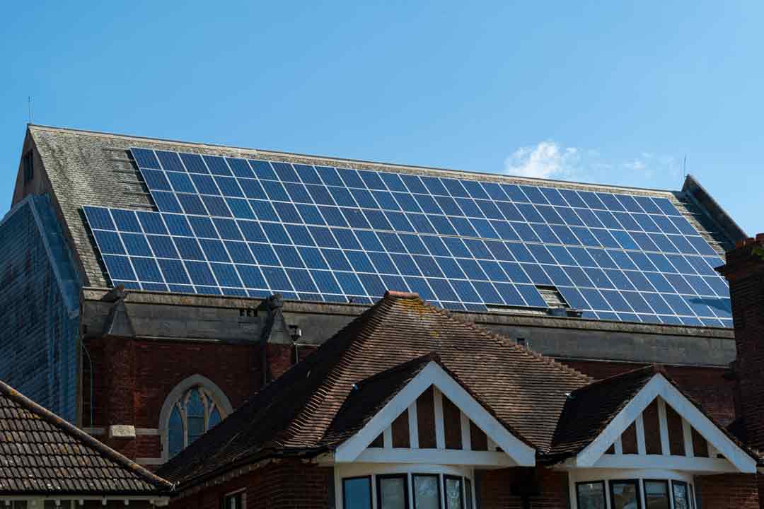 Solar panels installed on a church roof.
