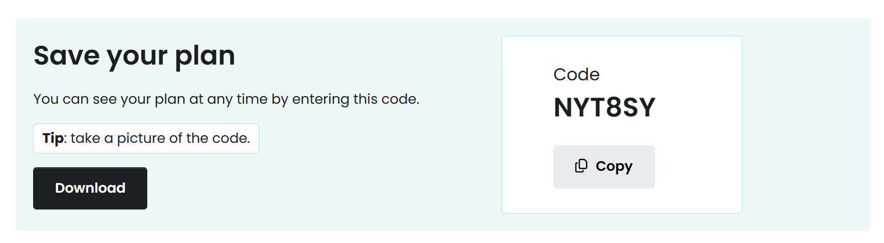 Screenshot of the HEET tool final step, showing the option to save a unique code to return to the plan.