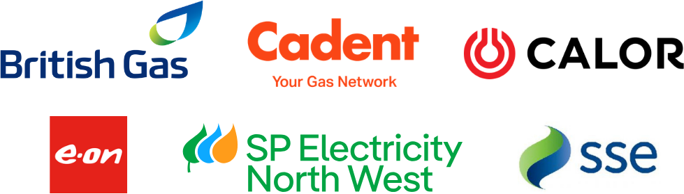 The logos of British Gas, Cadent, Calor, E On, SP Electricity North West, and SSE.